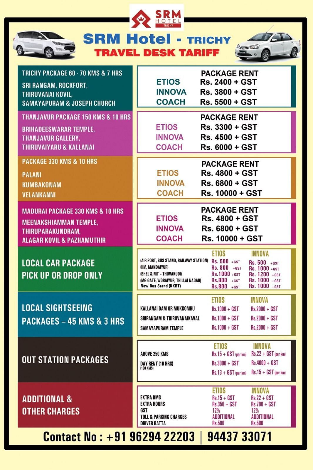 A travel desk tariff chart from SRM Hotel in Trichy, displaying cab rates for various destinations including airport, local city, outstation, and temple tours. The chart includes pricing details for both A/C and Non A/C vehicles with contact numbers provid
