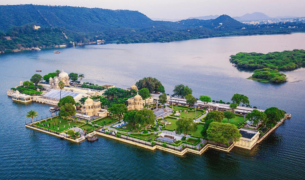 An aerial view of Jag Mandir Palace on an island in Lake Pichola, Udaipur.