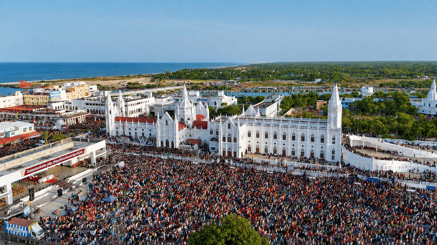 Vailankanni Flag Hoisting 2026 at Basilica of Our Lady of Good Health with devotees gathered for the festival 