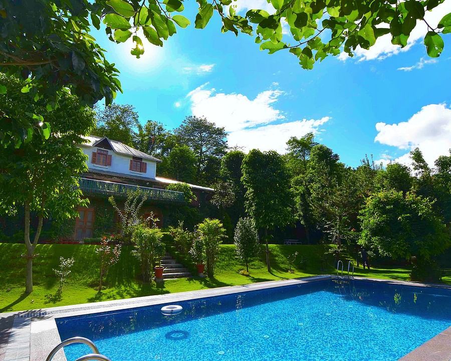 A large swimming pool surrounded by lush greenery and a house in the background.