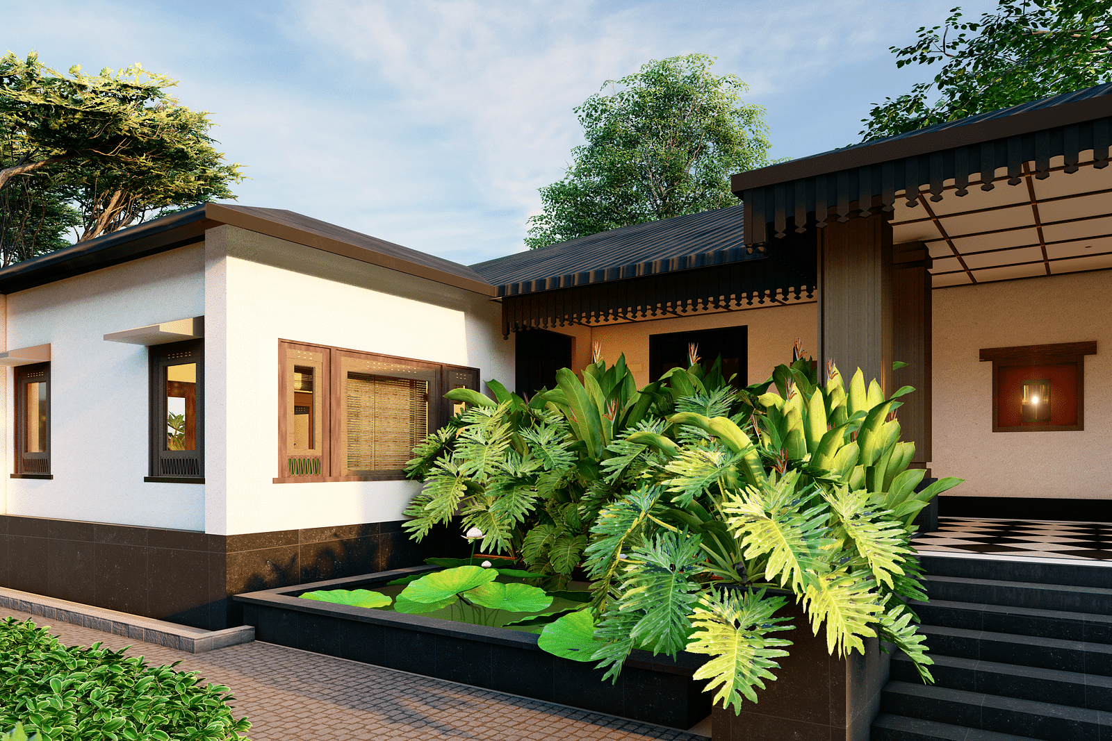 A house with a traditional design, a small pond, and lush green plants in the foreground - Rhino and River BluSalzz Collection, Pobitora
