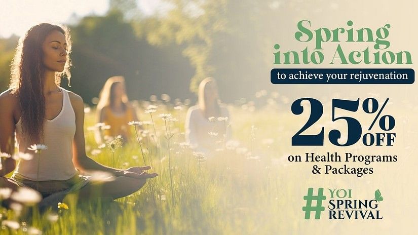 Spring into action offer banner featuring a group of women meditating in a wild garden on a sunny day at YO1 Longevity & Health Resorts, Catskills