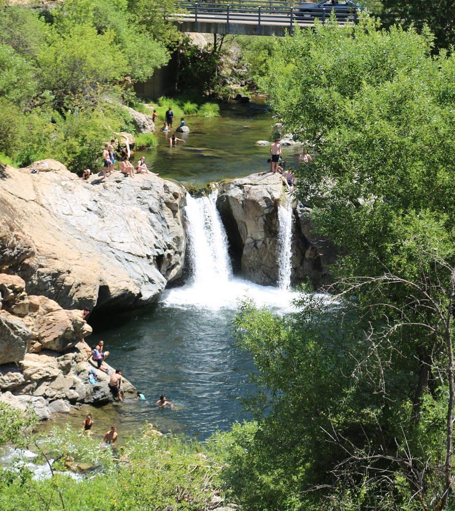 Aerial view of Rainbow Pools, featuring stunning waterfalls surrounded by lush greenery and natural rock formations