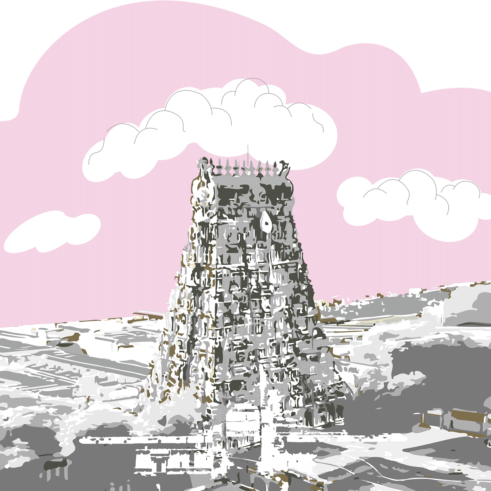 A black and white sketch of a towering temple gopuram against a pink and white sky.