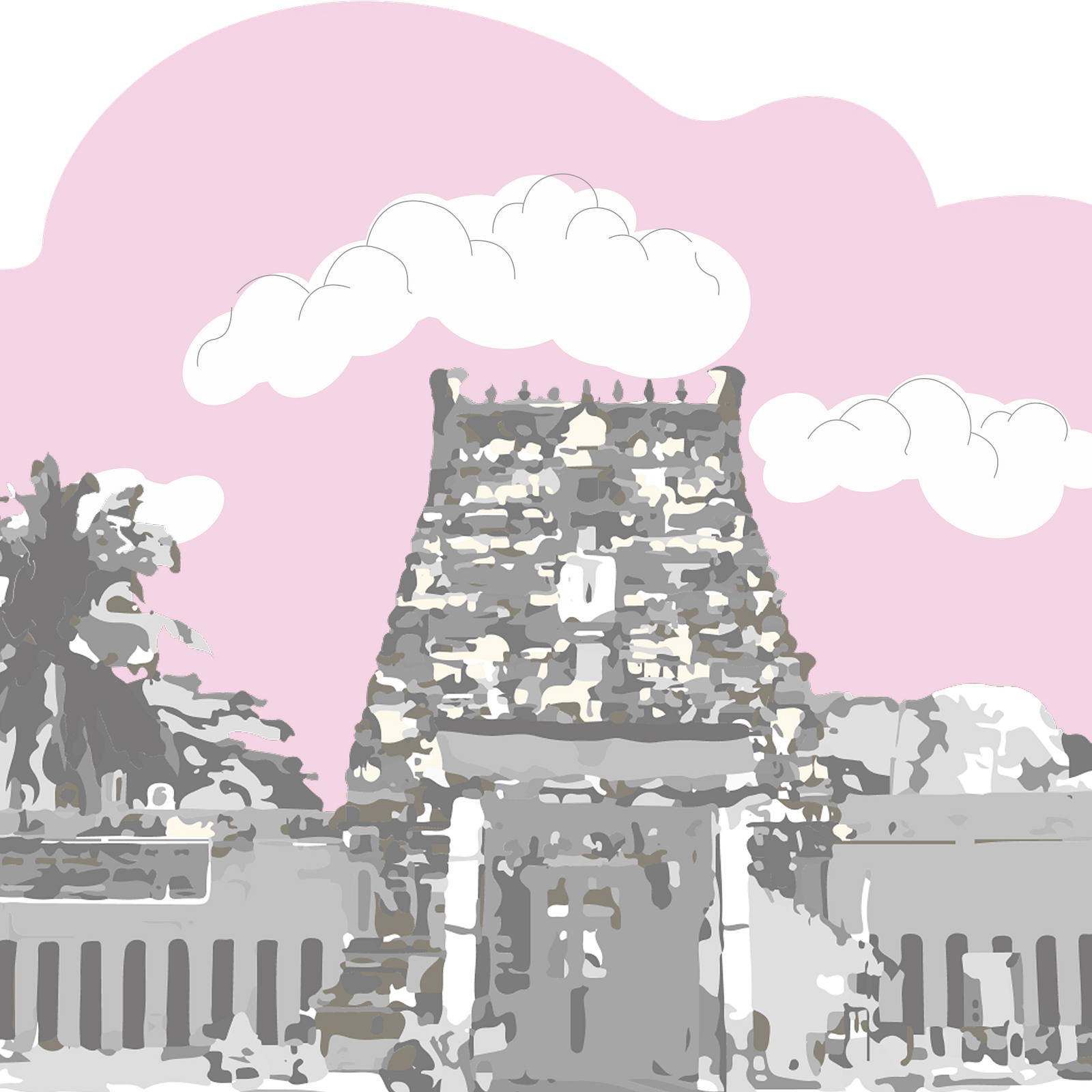 A black and white sketch of a temple's towering gopuram under a pink and white sky.