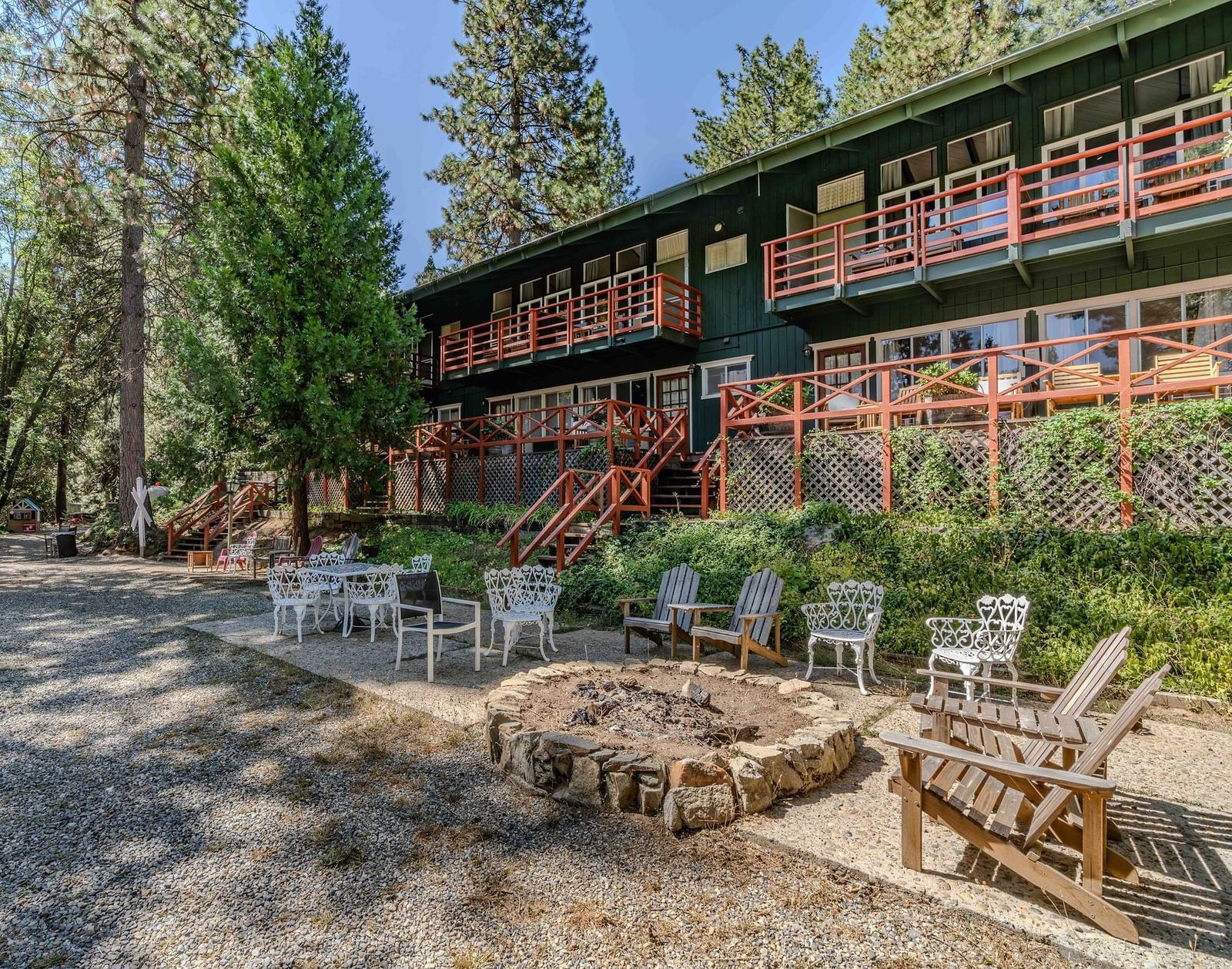 Seating in front of the facade of Narrow Gauge Inn.