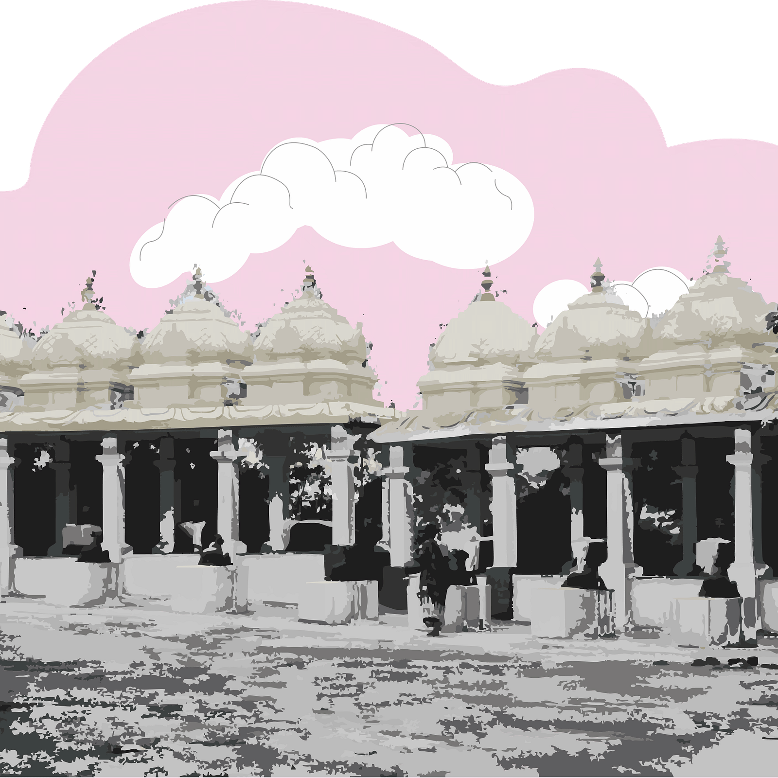 A stylized sketch of a temple's pillared hall with figures, against a pink and white sky.