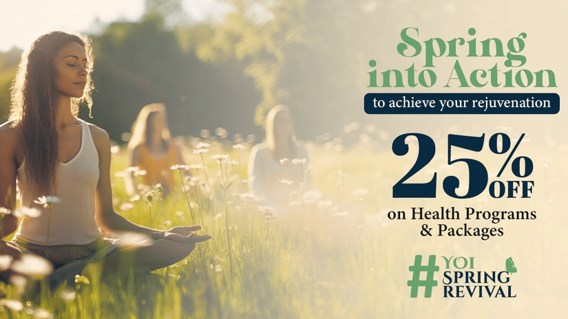 Spring into action offer banner featuring a group of women meditating in a wild garden on a sunny day at YO1 Longevity & Health Resorts, Catskills