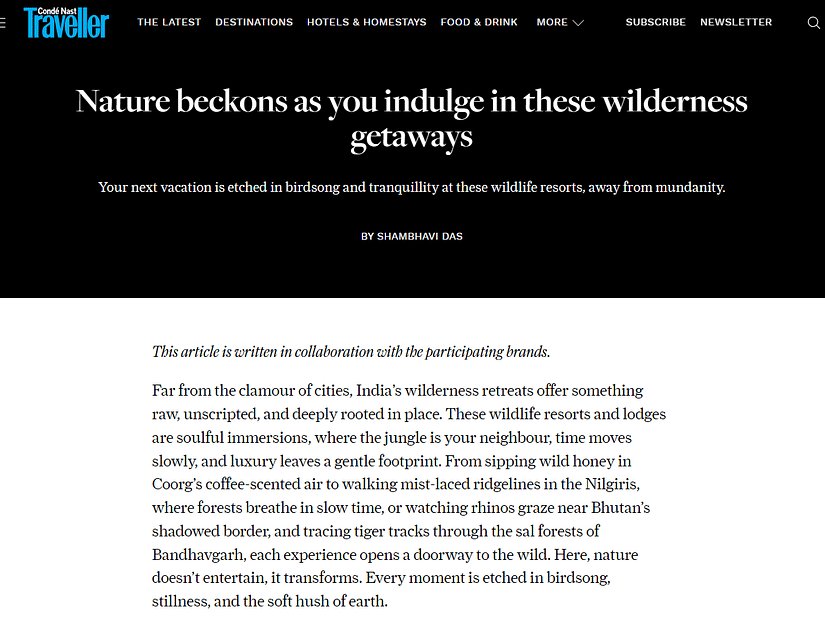 Screenshot of a Condé Nast Traveller article titled Nature beckons as you indulge in these wilderness getaways by Shambhavi Das, highlighting India's wilderness resorts as tranquil and immersive escapes from urban life.