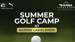 Summer Golf Camp promotional banner at Karma Lakelands featuring golf training sessions for children aged 8–17 years from June 15th–20th.