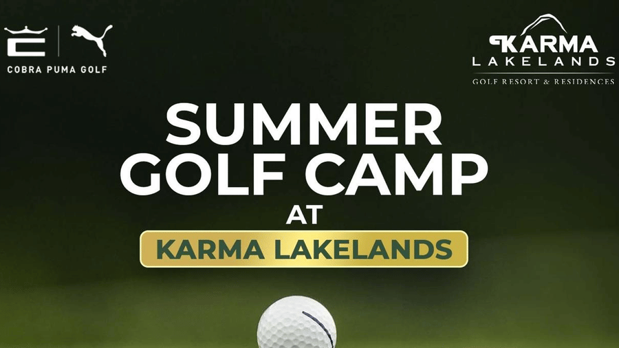 Summer Golf Camp promotional banner at Karma Lakelands featuring golf training sessions for children aged 8–17 years from June 15th–20th.