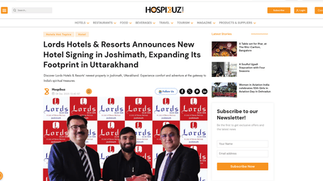 A PR post by Hospitality Lexis, stating Lords Hotels & Resorts announces hotel signing in Joshimath, Uttarakhand