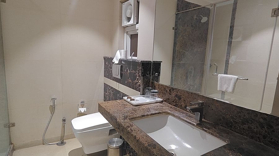 Bathroom view with wide counter, sink, and mirror at Sapna Clarks Inn.