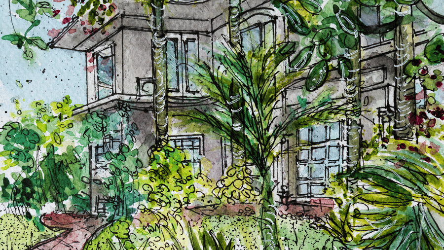 A water colour painting of Barwara Khothi showcasing the lush green landscape of the homestay.