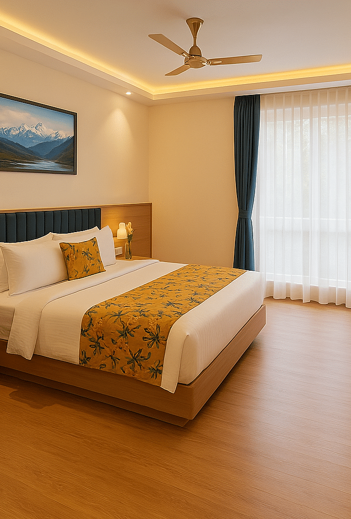 Side view of King Executive Room with a cosy king sized bed, wall-mounted TV, and elegant ceiling design at Summit Norling Resort & Spa, Gangtok