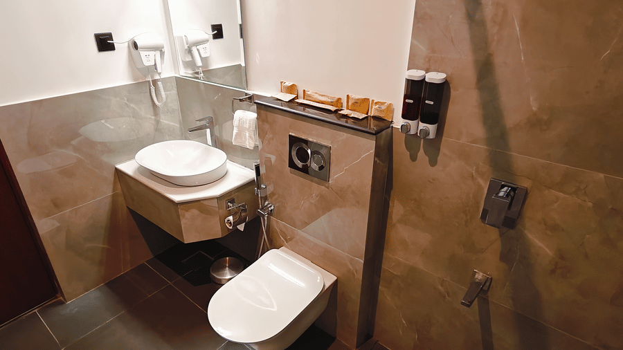 A modern washroom of red skin villa in Arina island respt with amenties