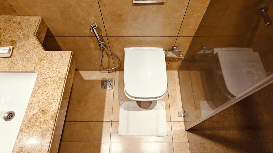 Clean toilet area in the Business Class Room bathroom at Chola Dynasty, Kumbakonam with modern sanitary fittings, tiled interiors, and a well-maintained layout ensuring guest comfort.