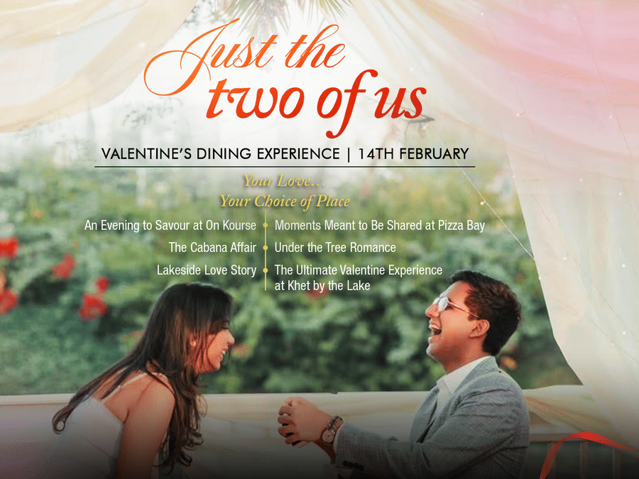 A promotional banner showcasing a couple enjoying a romantic proposal setup with soft decor and Just the Two of Us text overlay on a scenic backdrop at  Karma Lakelands.