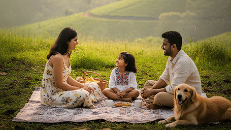 Family enjoying a peaceful outdoor picnic at Great Trails Wayanad by GRT Hotels highlighting Embark The Warmth Explore The Wilderness offer