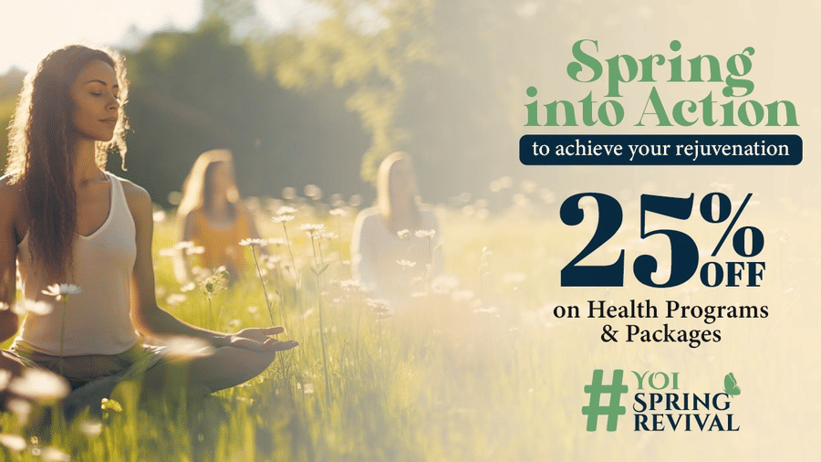 Spring into action offer banner featuring a group of women meditating in a wild garden on a sunny day at YO1 Longevity & Health Resorts, Catskills