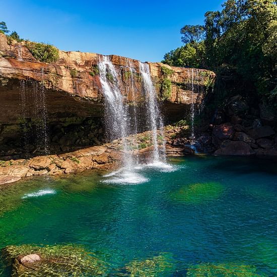Waterfalls cascading into glistening blue waters with forest cover on the side