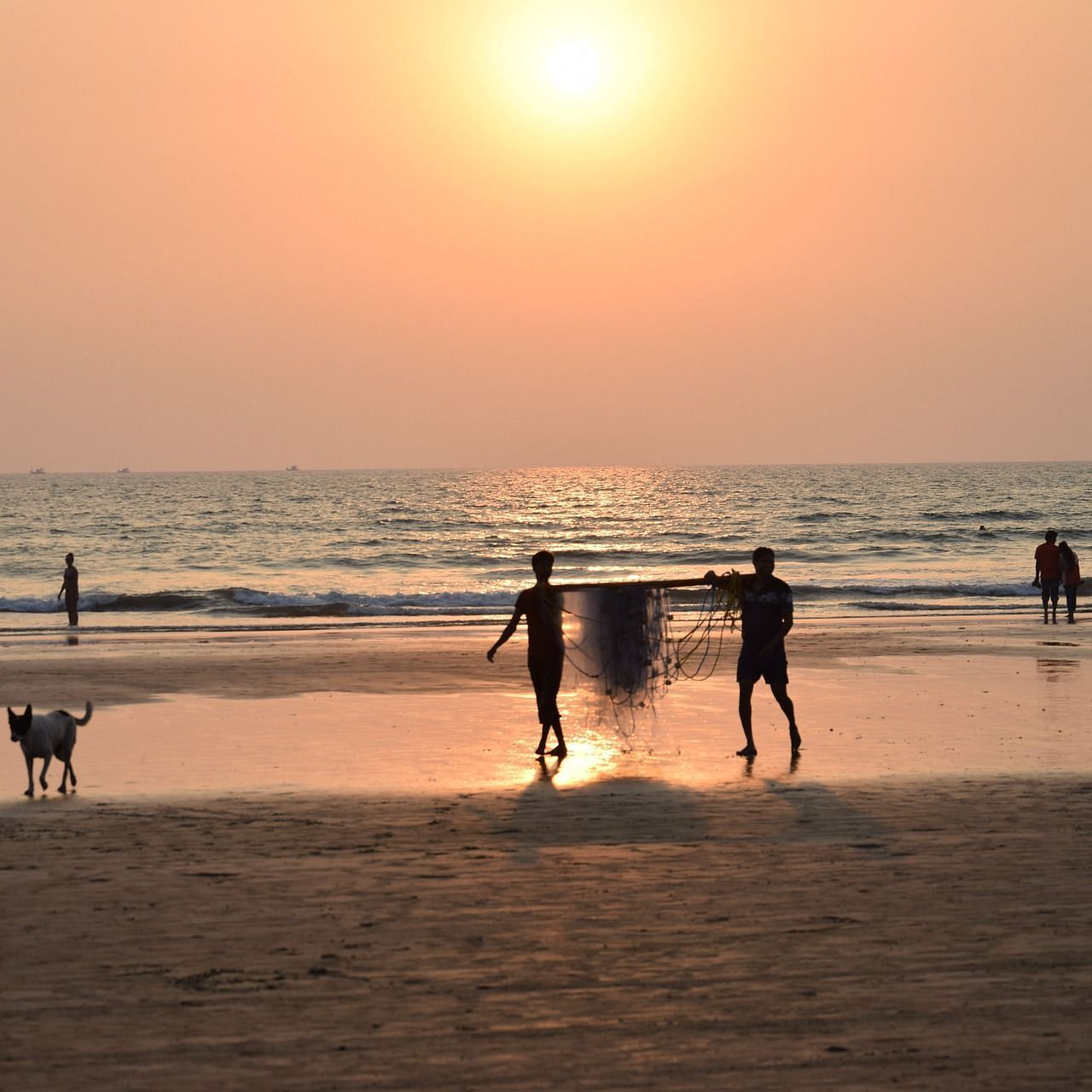 Silhouette of people standing by the shore of the beach with the sun in the background.
