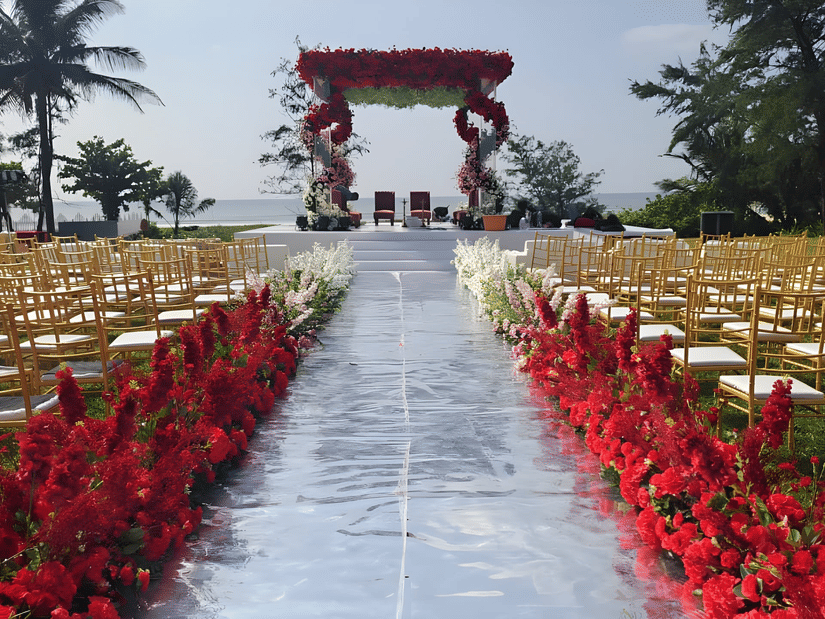 Beachfront wedding ceremony setup featuring a red floral decorated mandap, aisle runner, and guest seating at Kenilworth Resort & Spa, Goa.