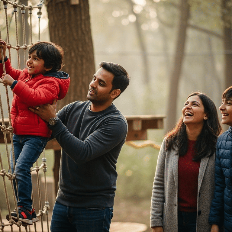 A family with 2 young kids enjoying outdoor activities in a forest resort.
