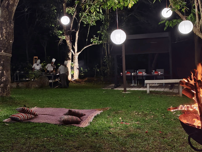 An outdoor bonfire in a metal pit on the right. A blanket sits on the grass, surrounded by trees and hanging globe lights.