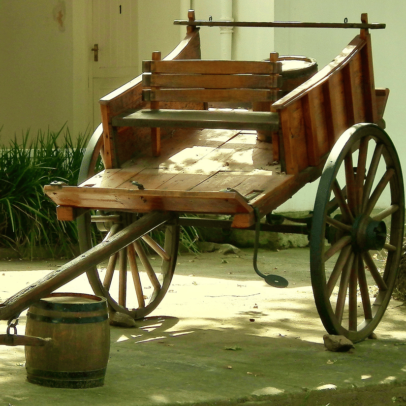 A traditional wooden ox cart placed on sunlit ground, surrounded by greenery.
