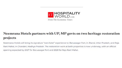 A media outlet logo Hospitality News with a brief summary of Neemrana Hotels partnership with Uttar Pradesh and Madhya Pradesh governments for heritage restoration projects.
