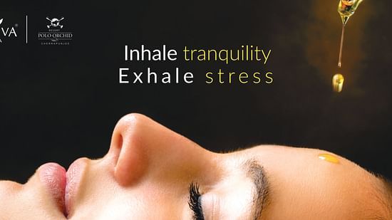 a banner for spa with a woman laying on the bed with oil being poured on her face