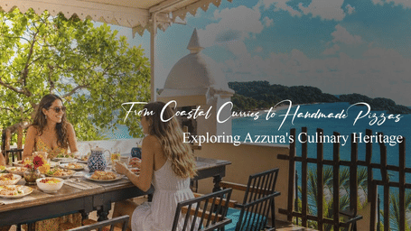 Blog banner for a coastal dining experience at Saraca Hotels and Resorts with guests dining outdoors and a branded text overlay.