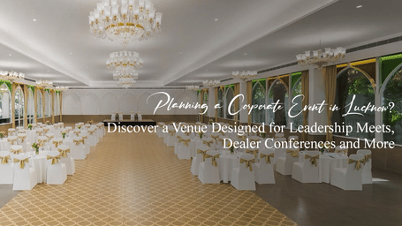 Blog banner for planning a corporate event in Lucknow at Saraca Hotels and Resorts with a venue interior and branded text overlay.
