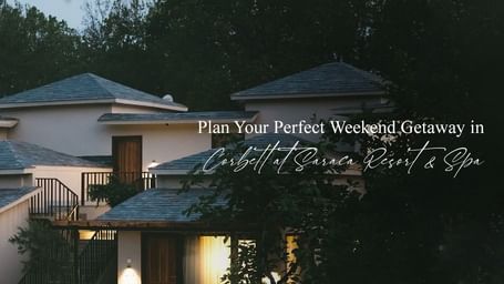 Saraca Resort & Spa, Corbett with tiled roof and lush gardens, offering a peaceful retreat.