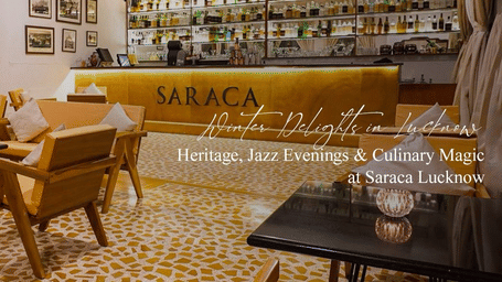 A cafe interior with stylish wooden furniture, warm lighting, and elegant decor, creating a relaxing setting for enjoying coffee and winter delights at Saraca Lucknow.
