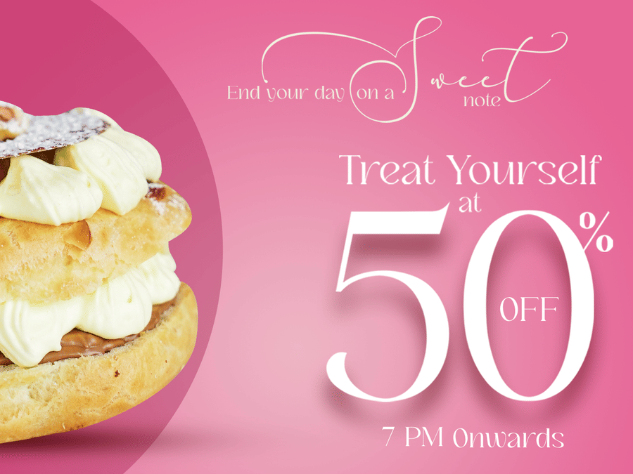 Happy Hour banner showcasing the the 50% offer and a dessert - Karma Lakelands.