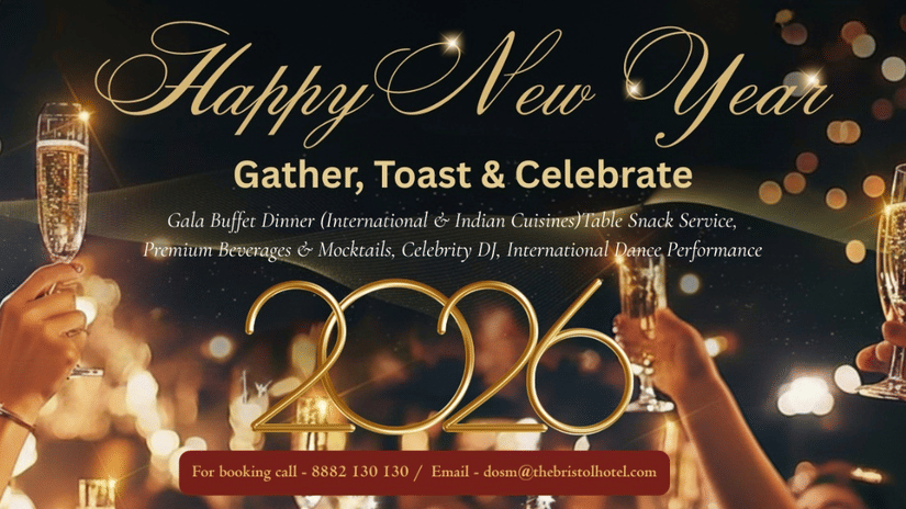 A festive banner for The Bristol Hotel's Happy New Year 2026 celebration featuring champagne glasses, a Gala Buffet, DJ, and dance performance.