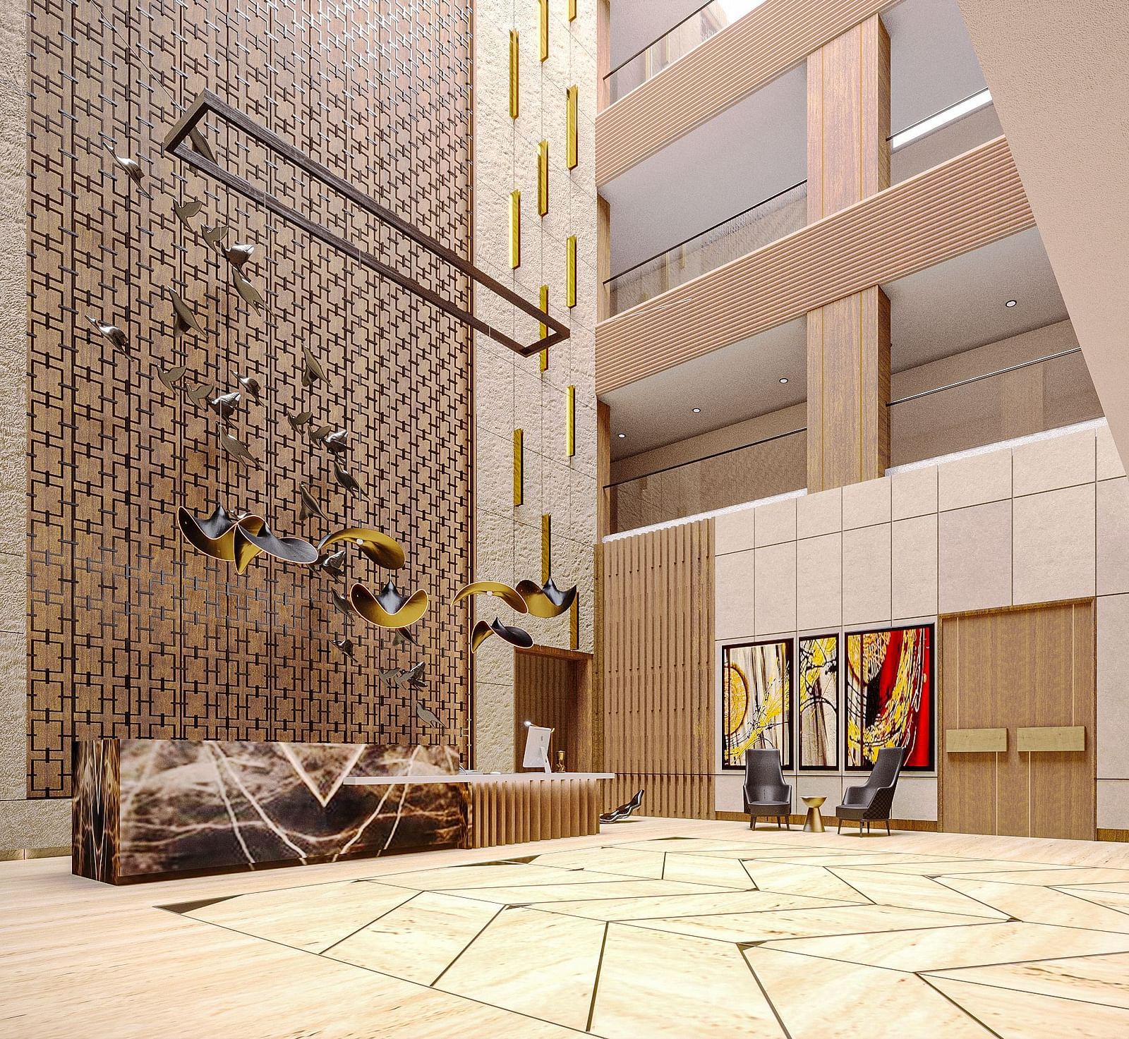 image of the expansive Lobby at Kertel Suites, Kinshasa with a high celing