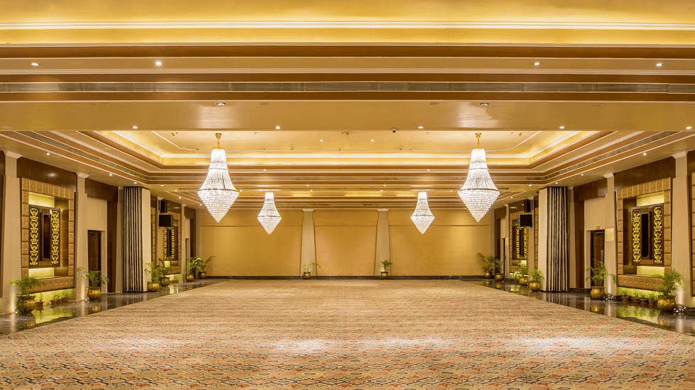 Interiors of an empty banquet hall at Swosti Resorts