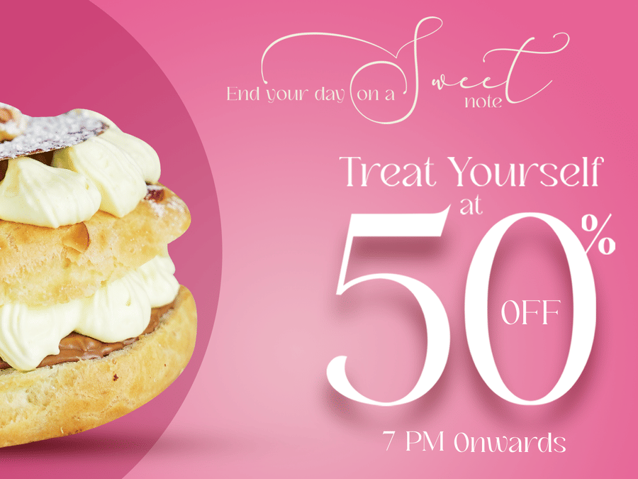 Happy Hour banner showcasing the the 50% offer and a dessert - Karma Lakelands.