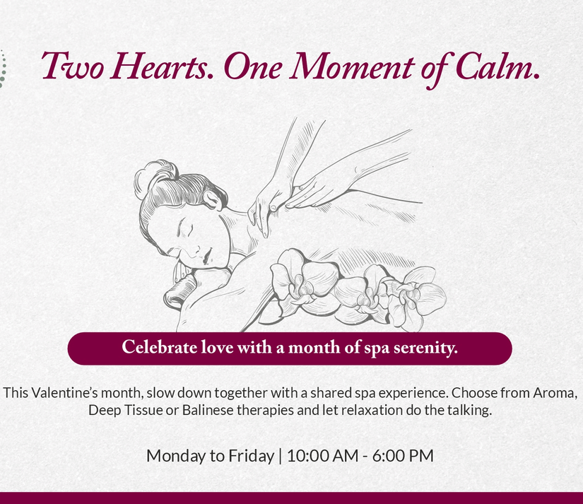 A minimal spa-themed promotional banner with Two Hearts, One Moment of Calm text and elegant line art of a woman in a serene setting at Karma Lakelands.