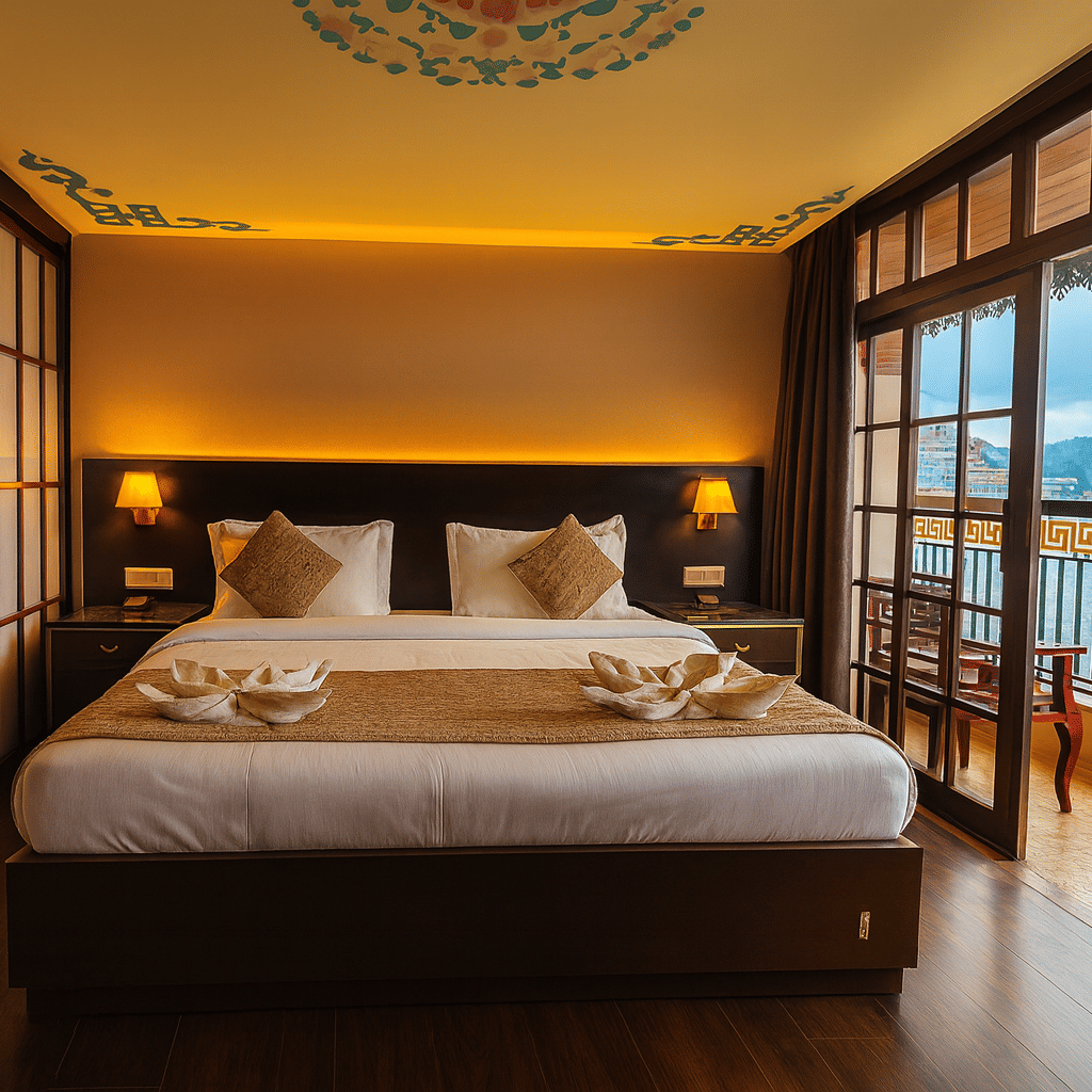 Elegant premium hotel room in Gangtok with king-size bed, warm lighting, artistic ceiling decor, and balcony offering scenic mountain views