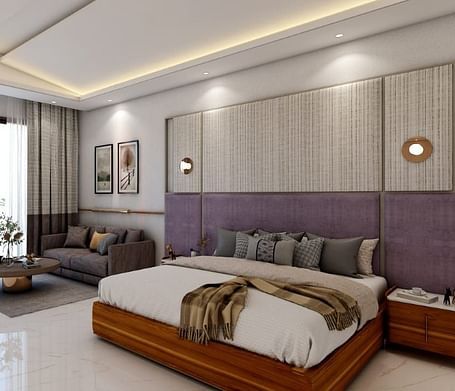 A beautiful room with ample of natural light coming from the huge french windows featuring a double bed in the room. - Namaste Corbett