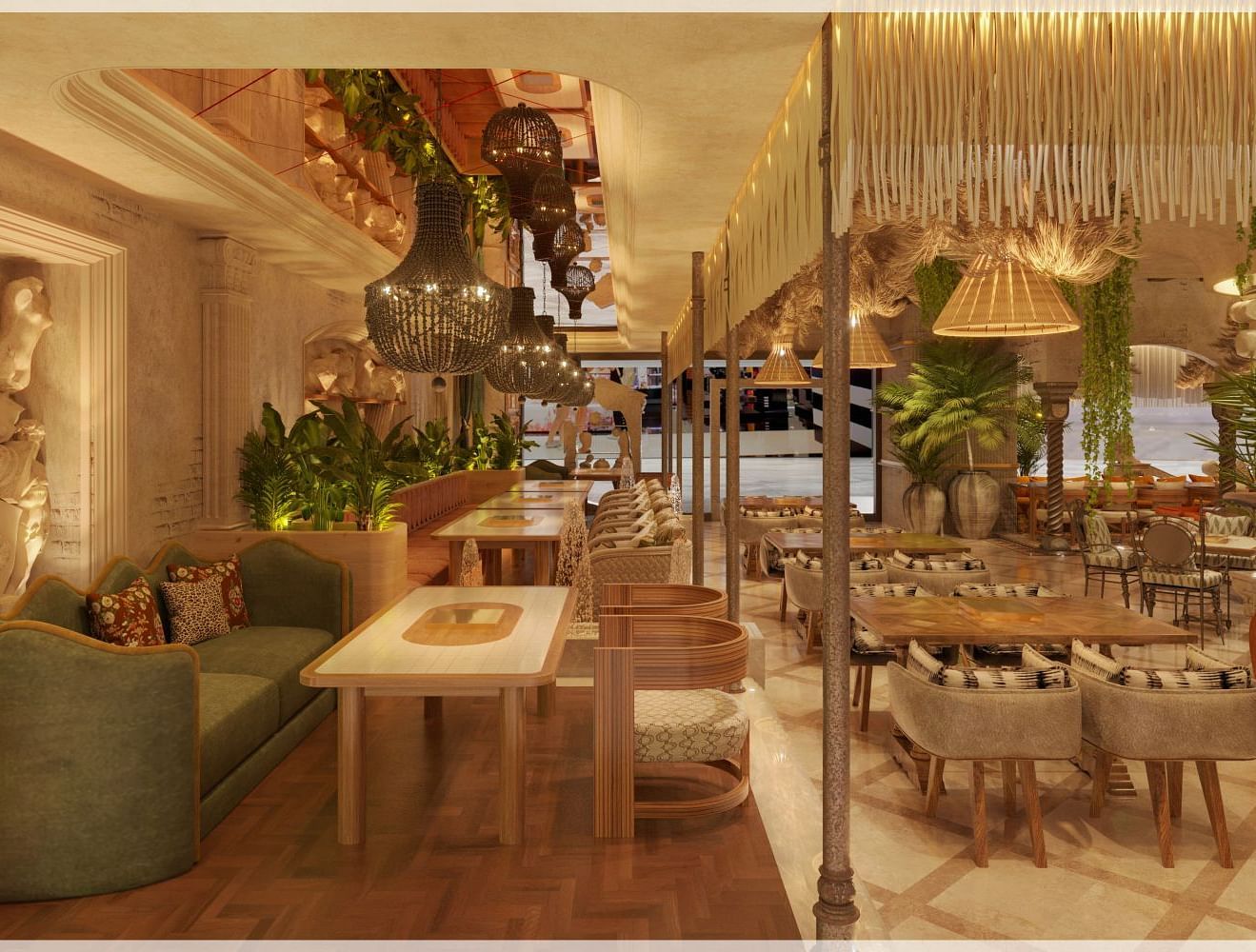 A chic dining area with contemporary furnishings accented by classical sculptures and plants at Themis Barbecue House, Ambience Mall, Gurugram