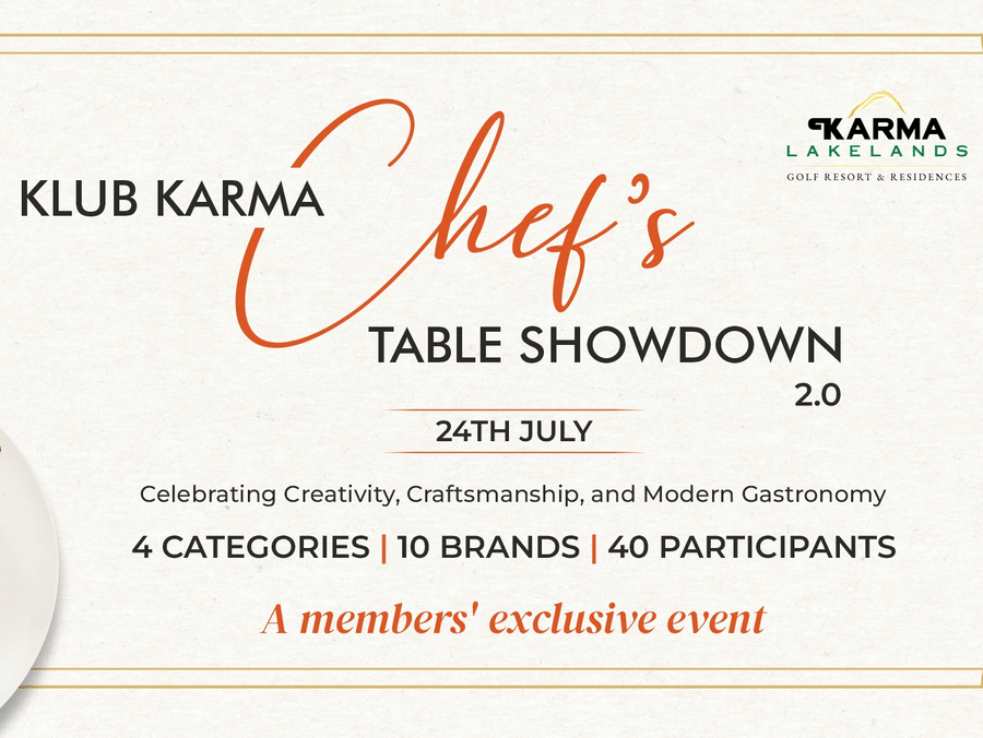 A promotional poster showcasing Klub Karma Chef's Table Showdown 2.0 at Karma Lakelands, highlighting a culinary competition with 4 categories, 10 brands, and 40 participants, alongside an image of a plated gourmet dish and event details.