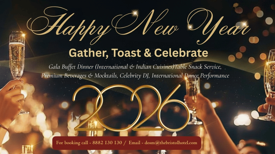 A festive banner for The Bristol Hotel's Happy New Year 2026 celebration featuring champagne glasses, a Gala Buffet, DJ, and dance performance.