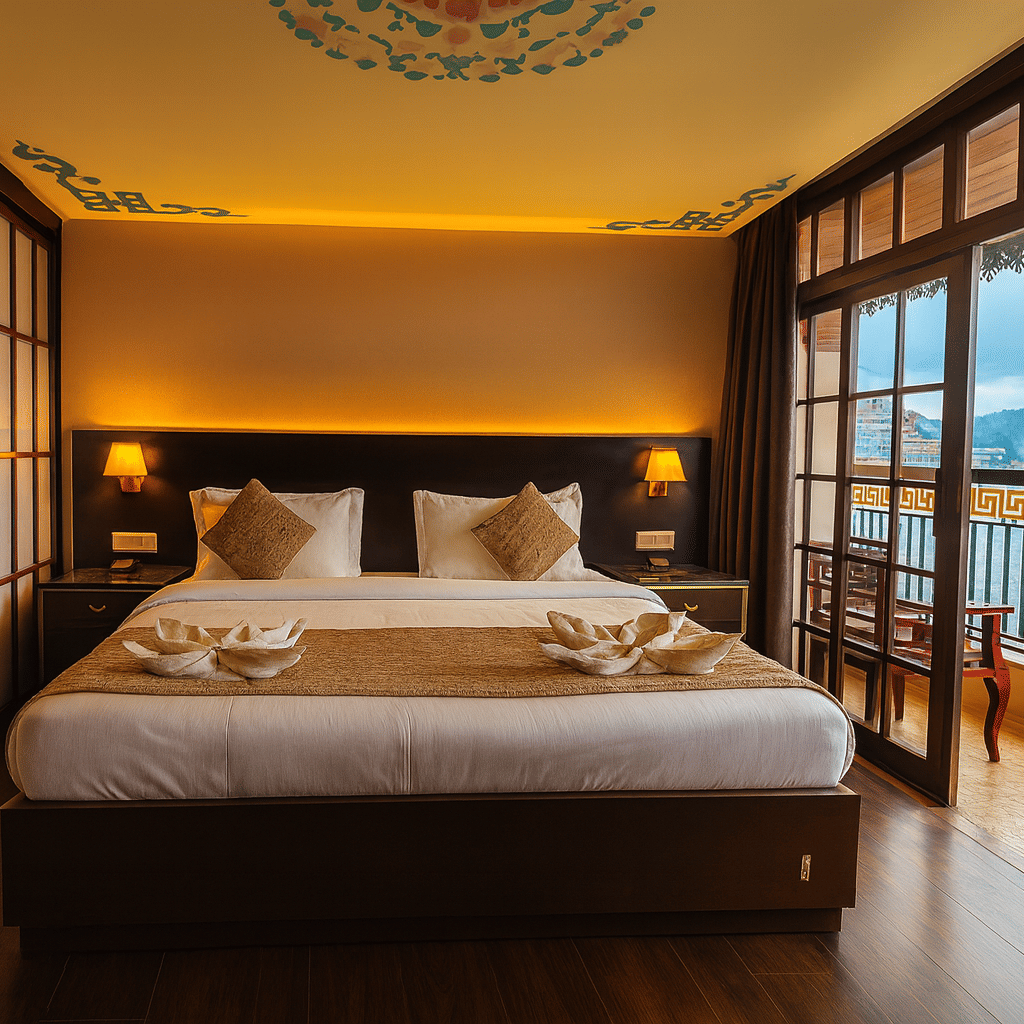 Elegant premium hotel room in Gangtok with king-size bed, warm lighting, artistic ceiling decor, and balcony offering scenic mountain views