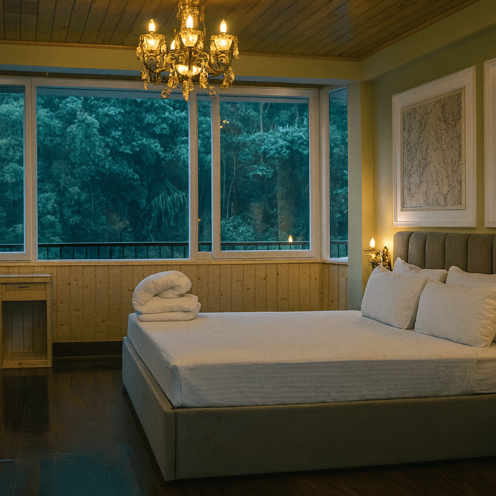Luxury hotel room in Kurseong with chandelier, elegant bed, wooden interiors, and large windows overlooking lush green forest view
