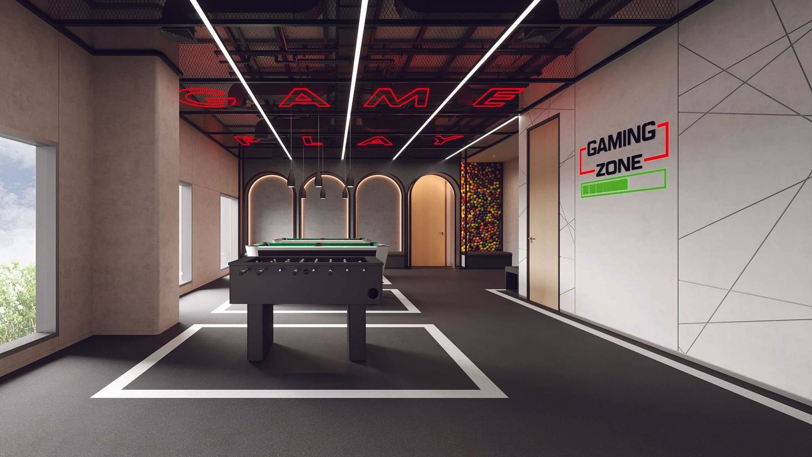 Game zone with a table tennis table placed in the middle of the room